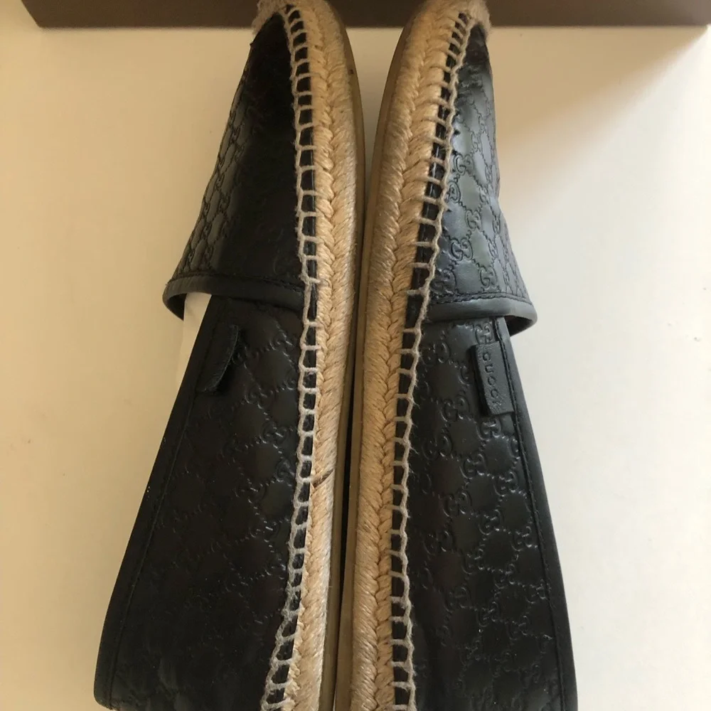 Gucci Black Leather Espadrilles Shoes Women's Guccissima GG Micro Size 37 US 7